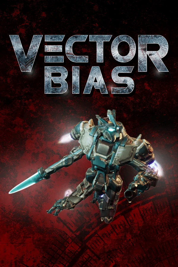 Vector Bias key art: a teal and silver mecha diving with a blade drawn over a red battlefield