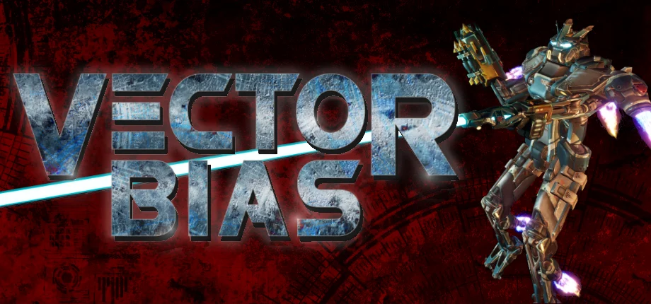 Vector Bias logo beside an armoured mecha firing a cyan laser